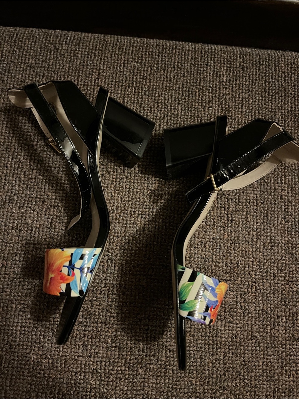 Floral and Black Patent Leather Ankle-Strap Sandals-new without tags